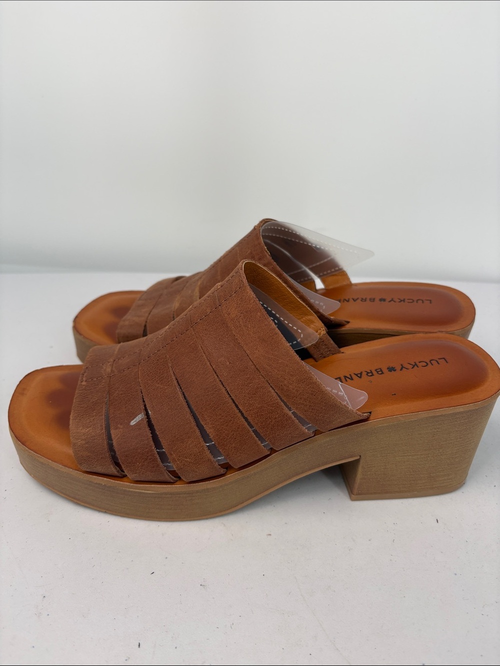 👟 Lucky Brand Tan soft leather Slide Mules with Block Heel - Picture 3 of 9